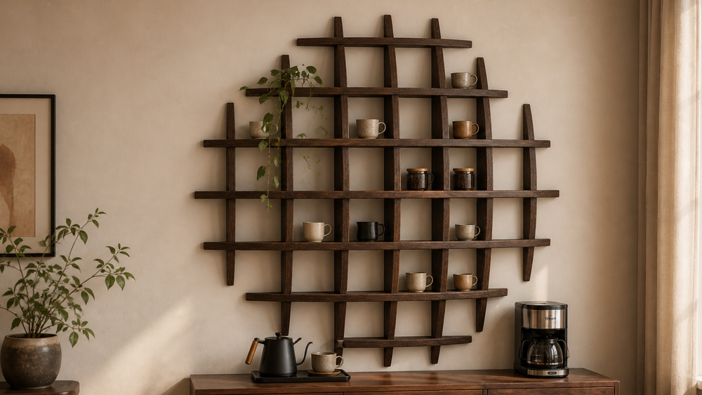 100 × 100 cm multi-grid paulownia coffee display shelf in a warm coffee corner