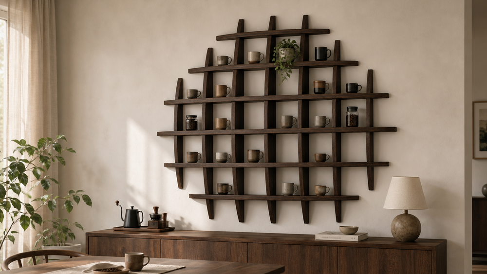 Oversized 120 × 120 cm large-grid paulownia mug display shelf in a dining-room coffee corner