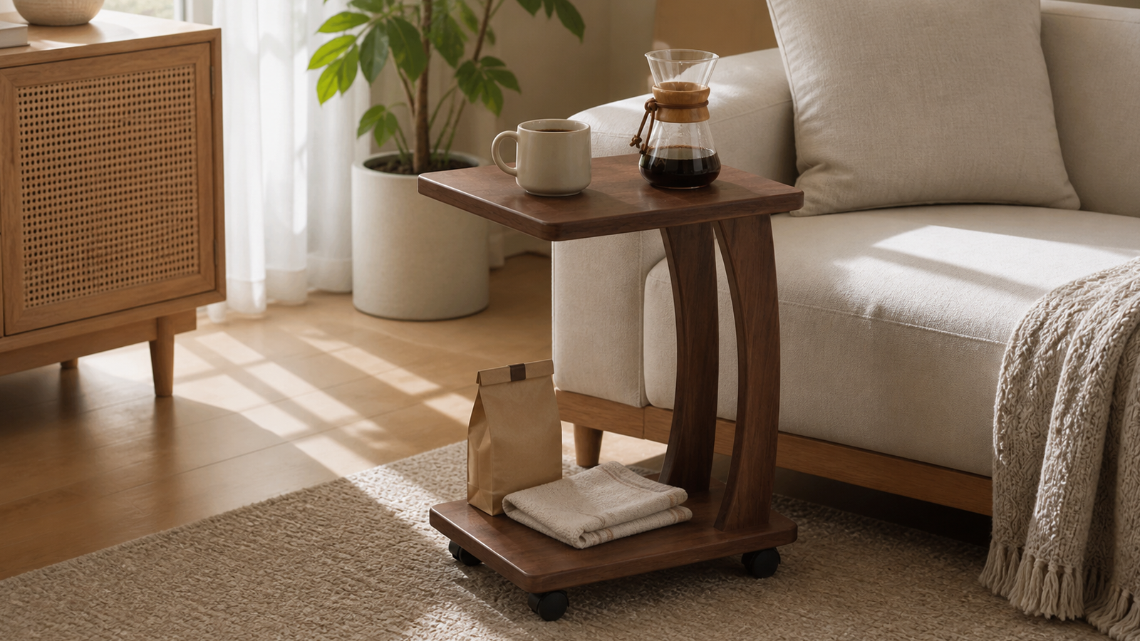Solid oak 35 cm mobile coffee side table in a warm sofa-side coffee corner