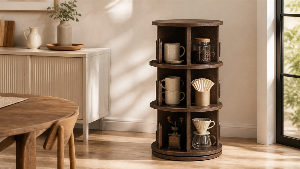 Solid rubberwood 360 degree rotating coffee storage tower styled in a bright breakfast nook
