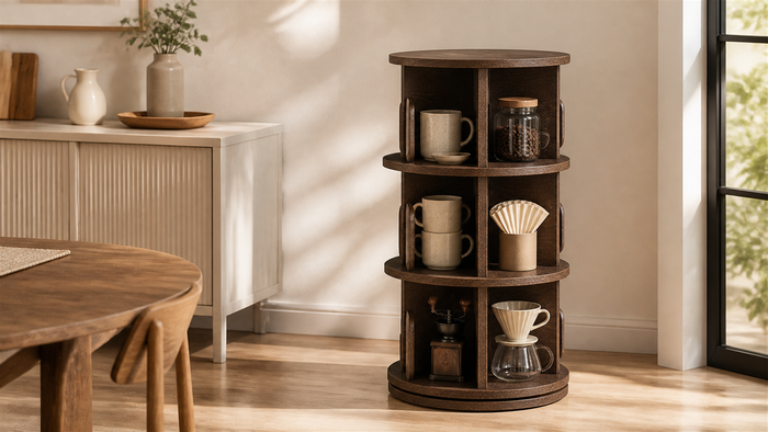Solid rubberwood 360 degree rotating coffee storage tower styled in a bright breakfast nook