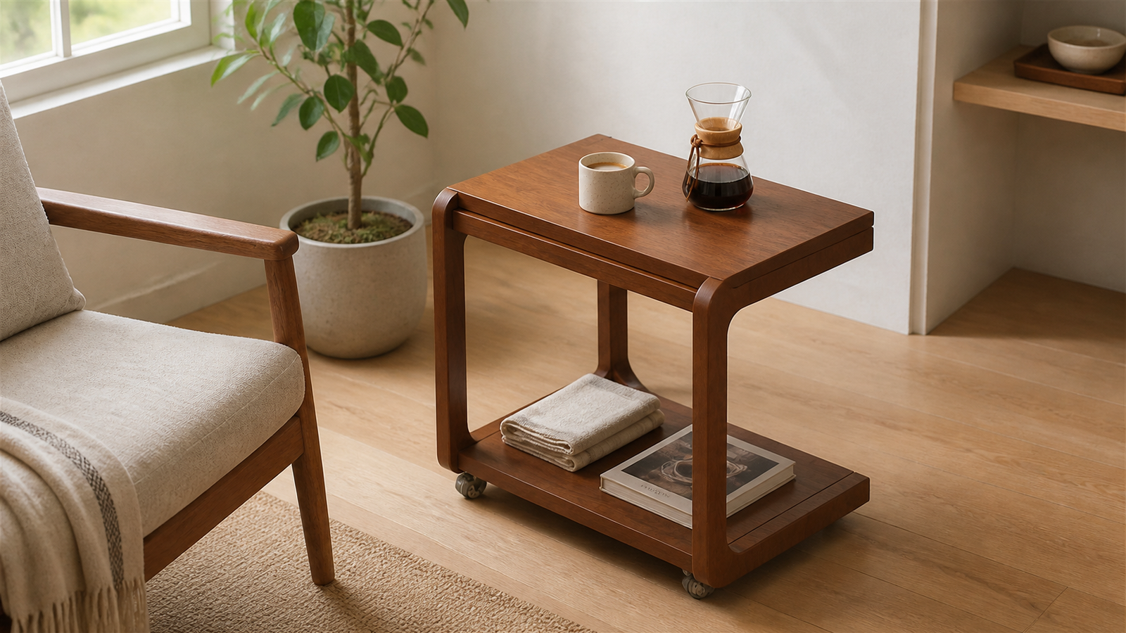 Solid oak adjustable flip-top mobile coffee side table styled beside a reading chair