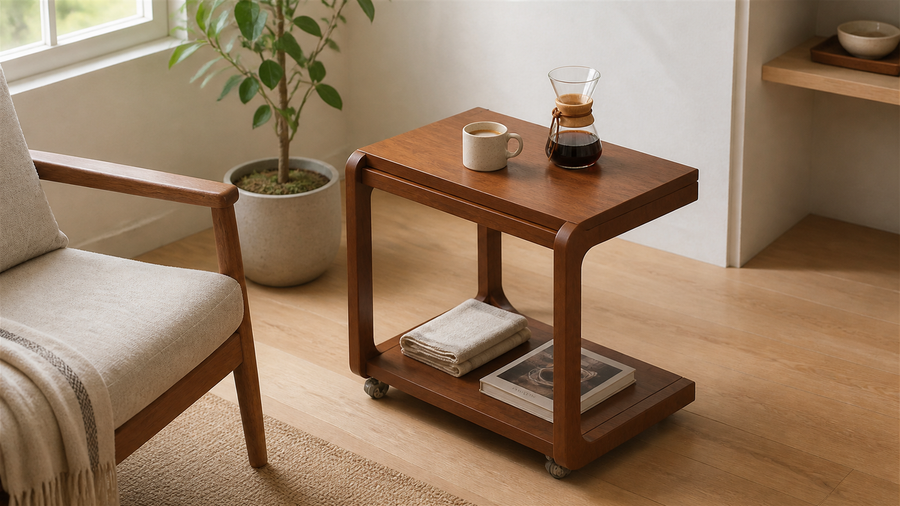 Solid oak adjustable flip-top mobile coffee side table styled beside a reading chair