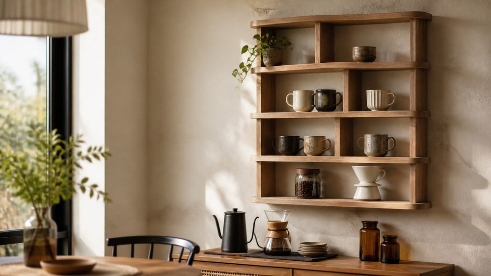 Warm large-grid wooden coffee mug shelf in a bright home coffee corner