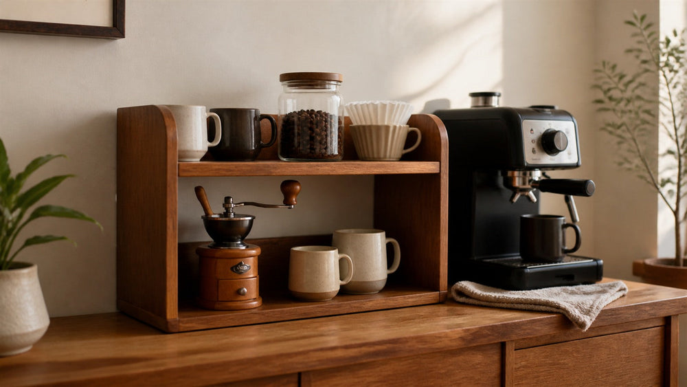 Adjustable two-tier solid rubberwood coffee organizer in a warm home coffee corner