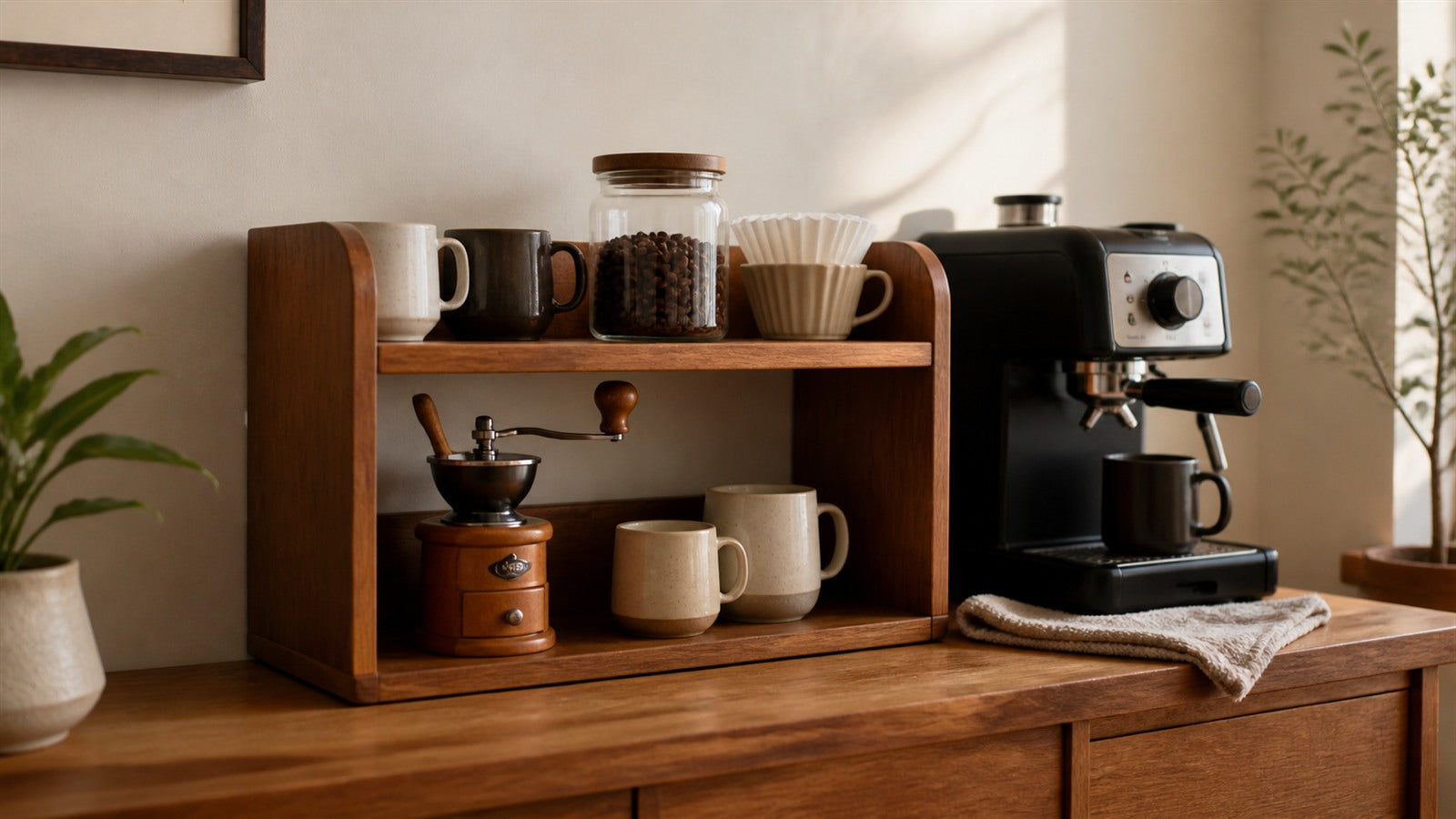 Adjustable two-tier solid rubberwood coffee organizer in a warm home coffee corner