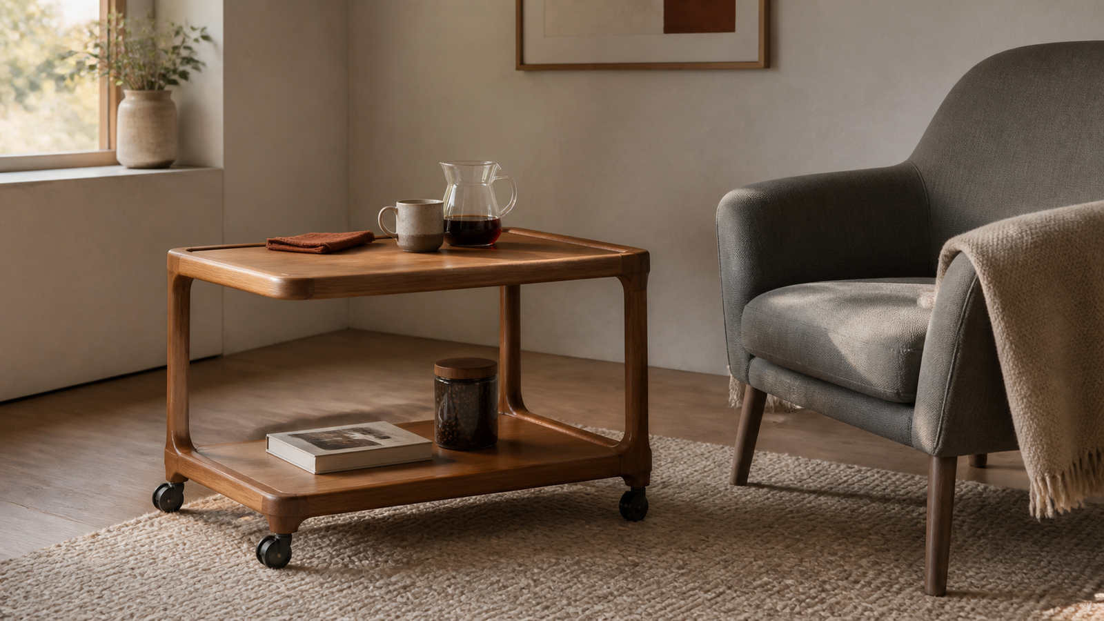 60 cm fixed flat-top solid oak mobile coffee side table in a warm reading nook