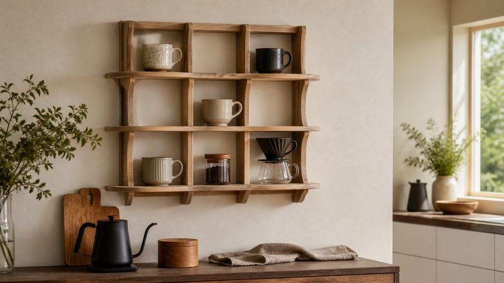 70 × 70 cm solid paulownia multi-grid shelf in a warm home coffee corner