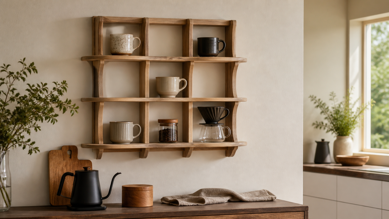 70 × 70 cm solid paulownia multi-grid shelf in a warm home coffee corner