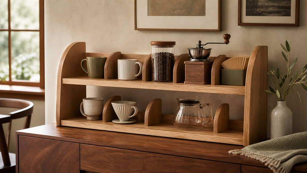 Wide solid rubberwood countertop coffee organizer in a warm home coffee corner