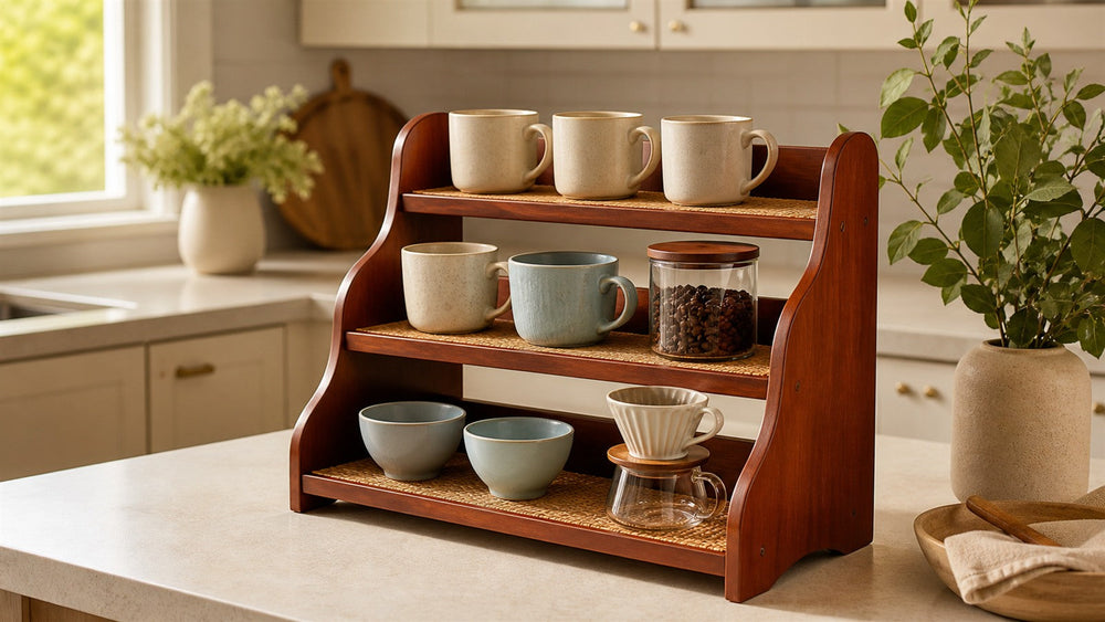 Cherry finish three-tier coffee mug organizer in a bright warm kitchen
