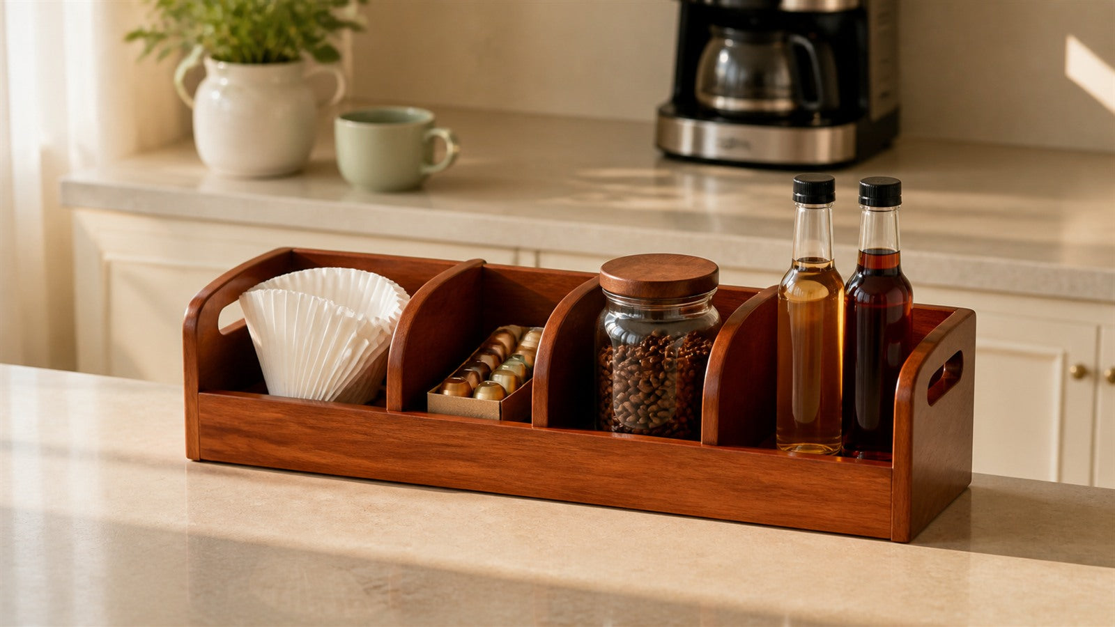 Cherry finish four-compartment solid wood coffee organizer in a warm kitchen