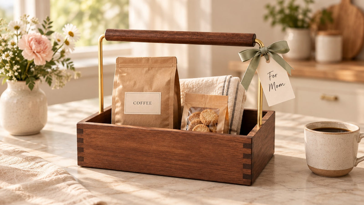 Generated concept of a wood caddy with a coffee bag, packaged cookies, folded cloth and a For Mom card