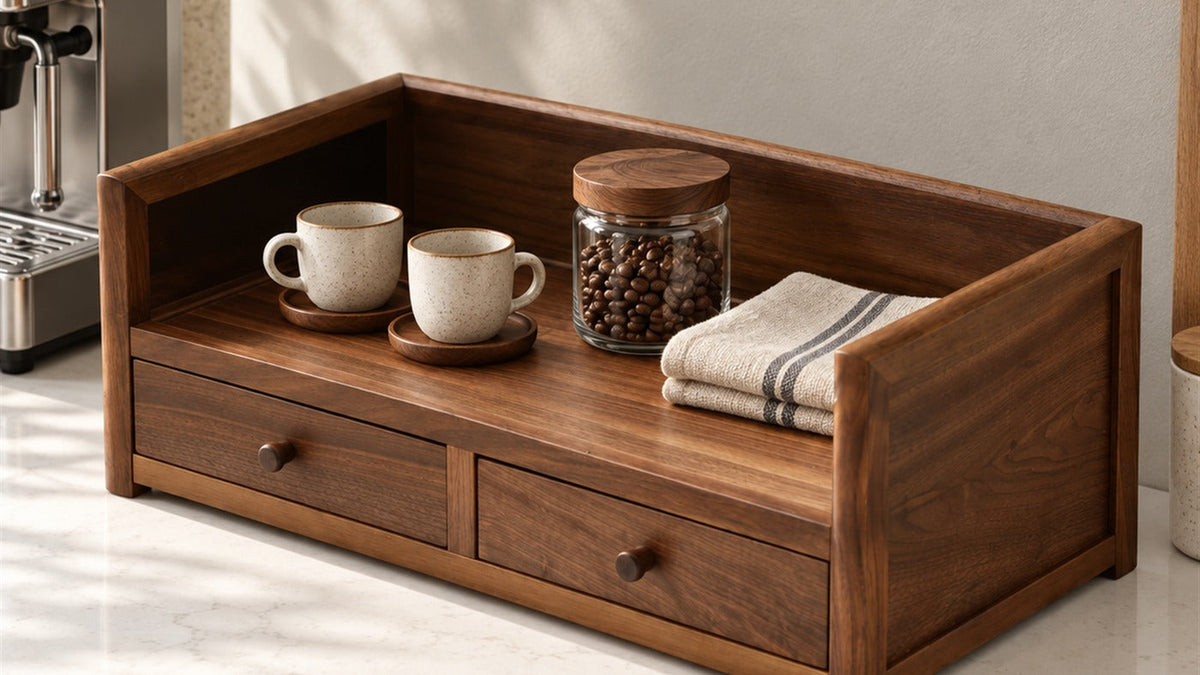 Walnut two-drawer display shelf organizing cups and a coffee bean jar on a kitchen counter