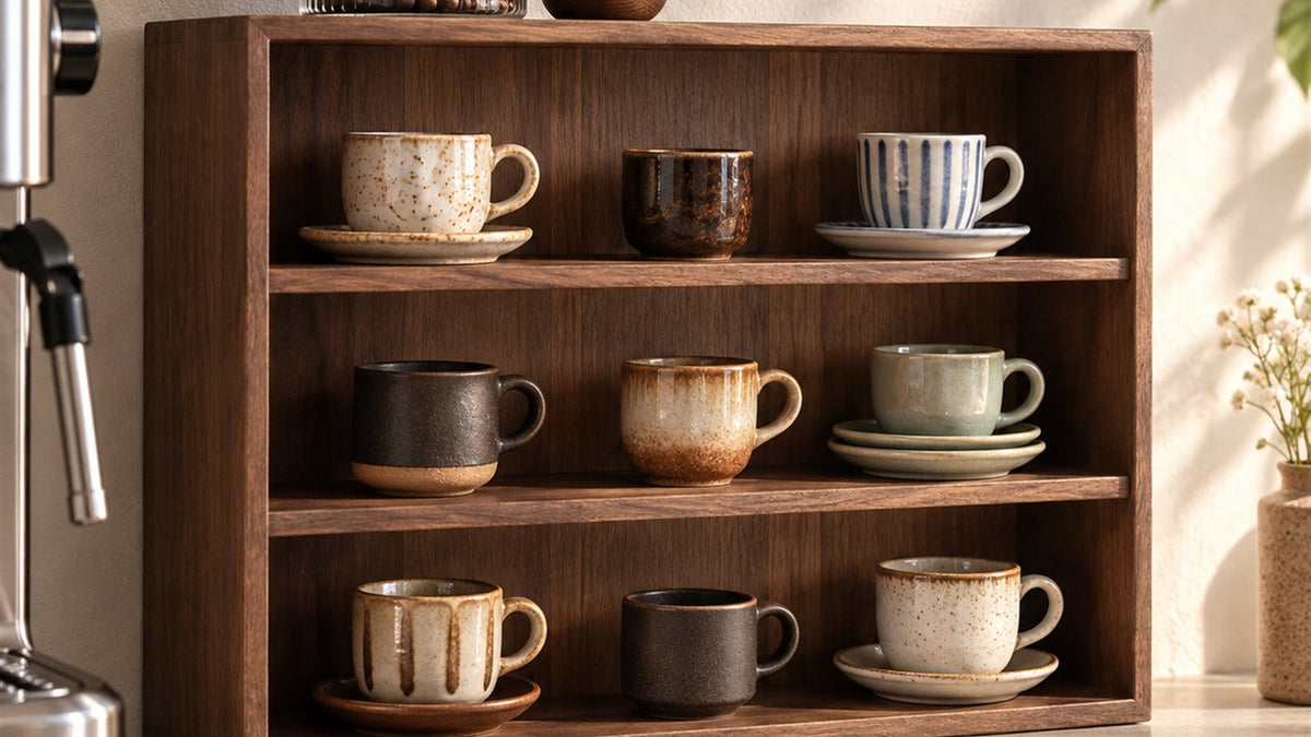 Back-panel walnut cup shelf displaying small espresso cups at a kitchen coffee counter