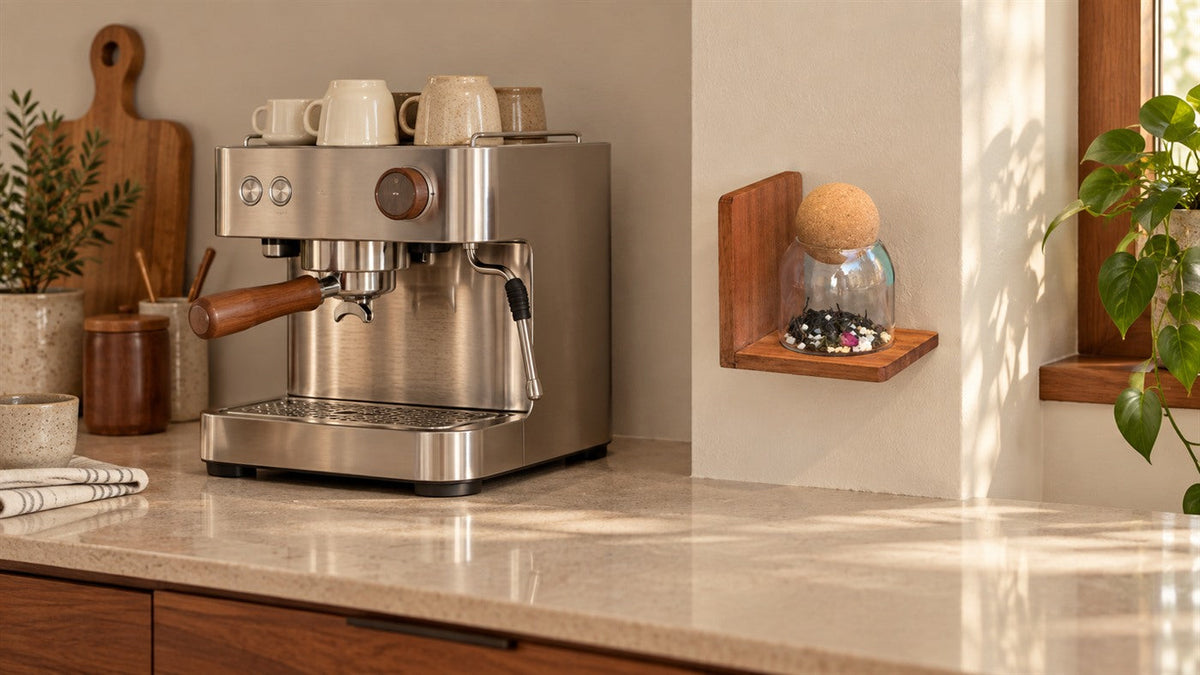 Small wooden jar shelf on a narrow wall beside a home espresso machine, AI-generated layout illustration