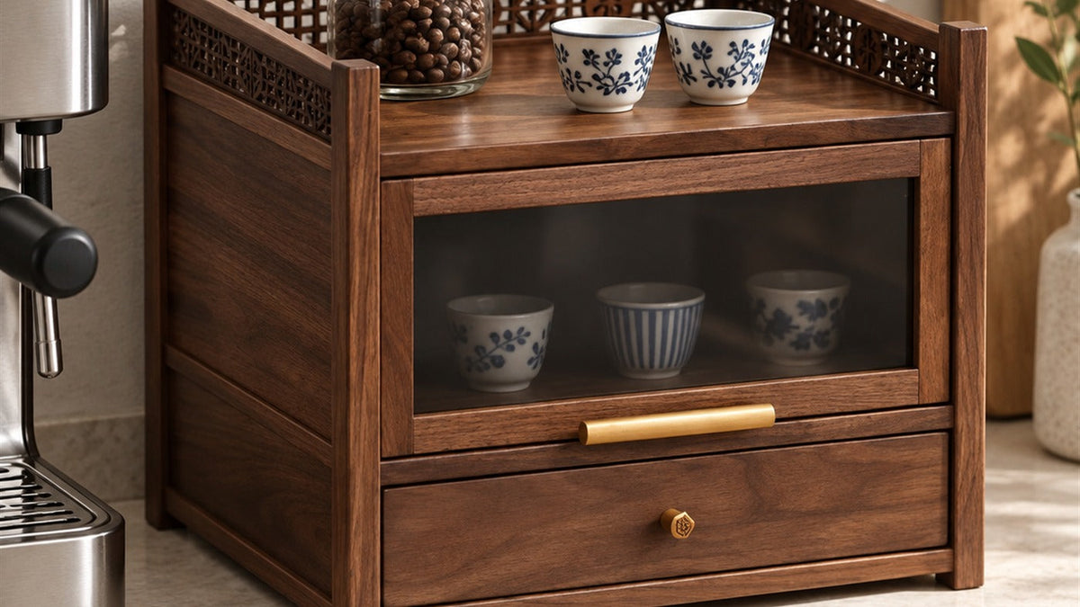 Walnut lattice-top cabinet displaying small coffee cups beside an espresso machine