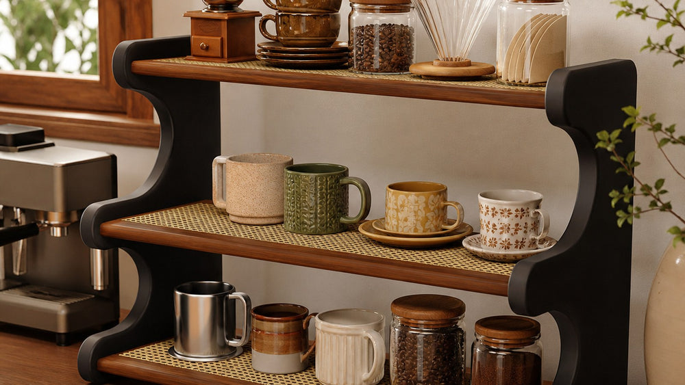 52 cm Vintage Two-Tone solid wood rattan-look coffee mug organizer in a bright coffee corner