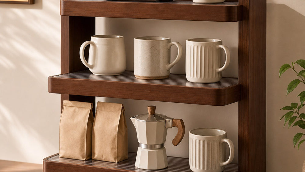 Three-tier wood and acrylic countertop coffee organizer styled with mugs and coffee accessories