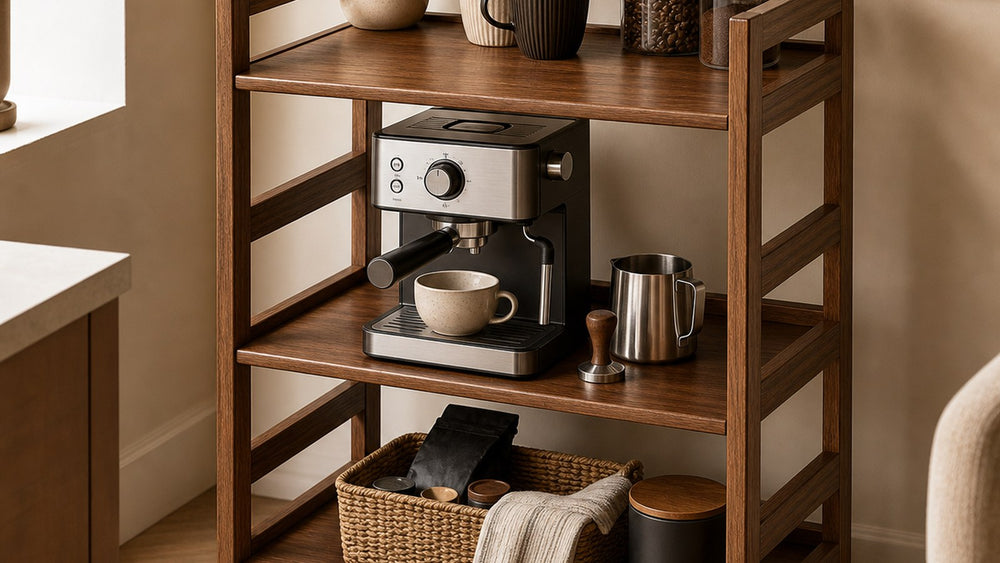 60 cm walnut solid pine rolling coffee cart styled as a home coffee station
