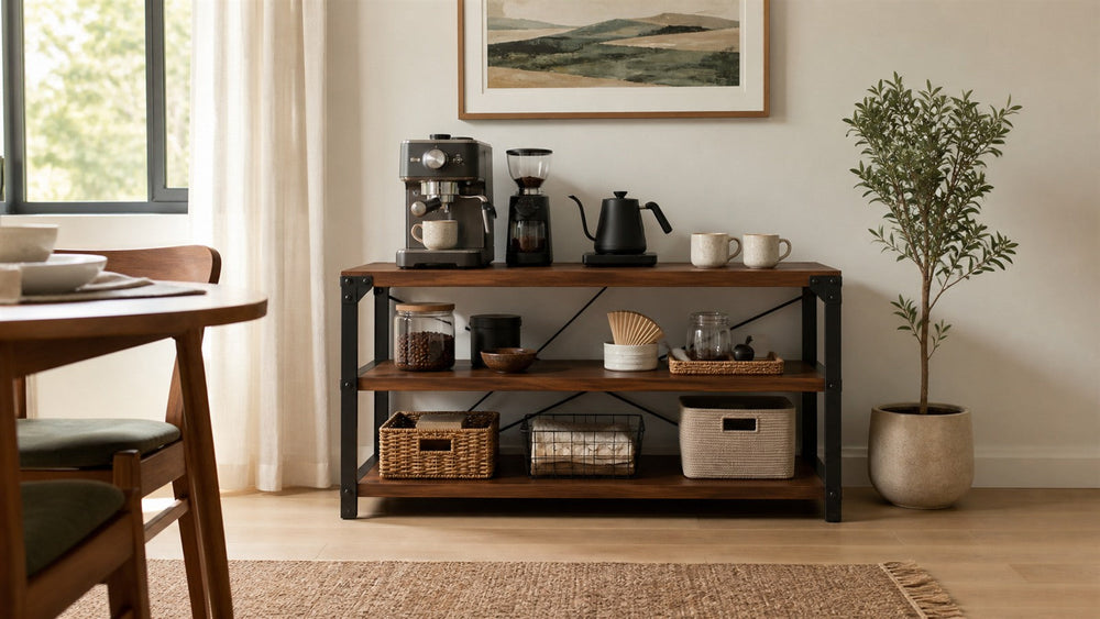 Low 70 cm-high three-tier coffee bar organizer in a warm dining nook