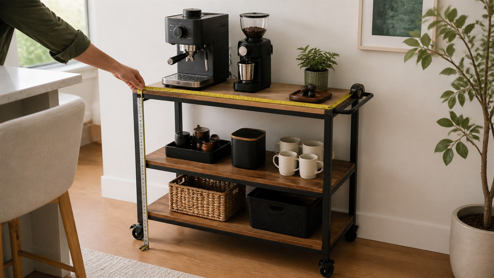 Person measuring the usable width and height of a rolling coffee bar cart with an espresso machine and grinder