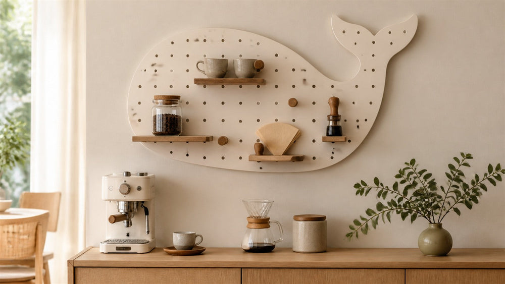 Whale-shaped coffee pegboard ideas for a playful wall station