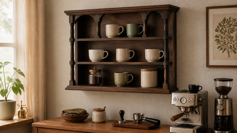 How to display a coffee mug collection on a dark walnut wall shelf
