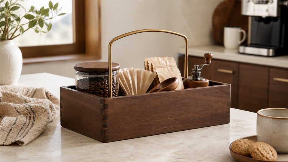 Deep walnut solid-wood coffee caddy holding filters, beans and brewing tools