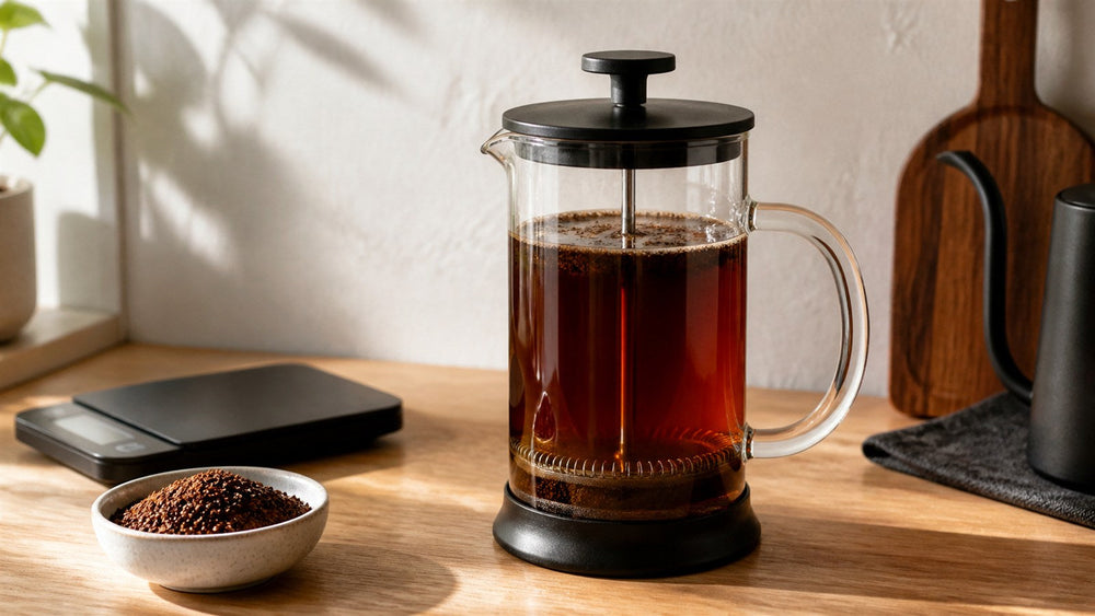 Glass French press, coarse coffee grounds, and scale in a warm home coffee corner