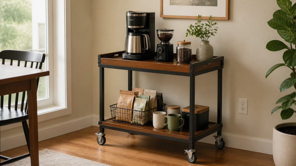 Warm home coffee bar cart in a dining nook with a coffee maker, grinder and organized lower storage