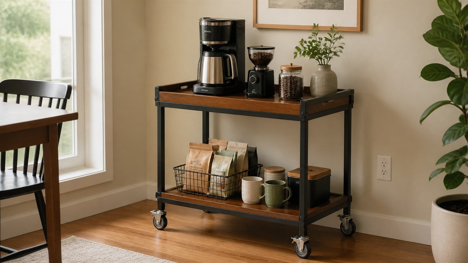 Warm home coffee bar cart in a dining nook with a coffee maker, grinder and organized lower storage