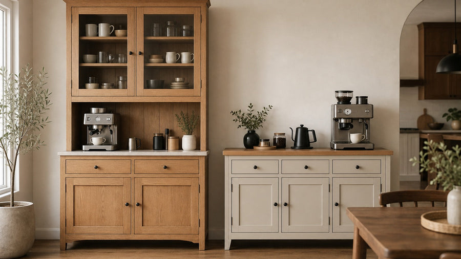 Coffee Bar Cabinet with Hutch vs. Open Shelves