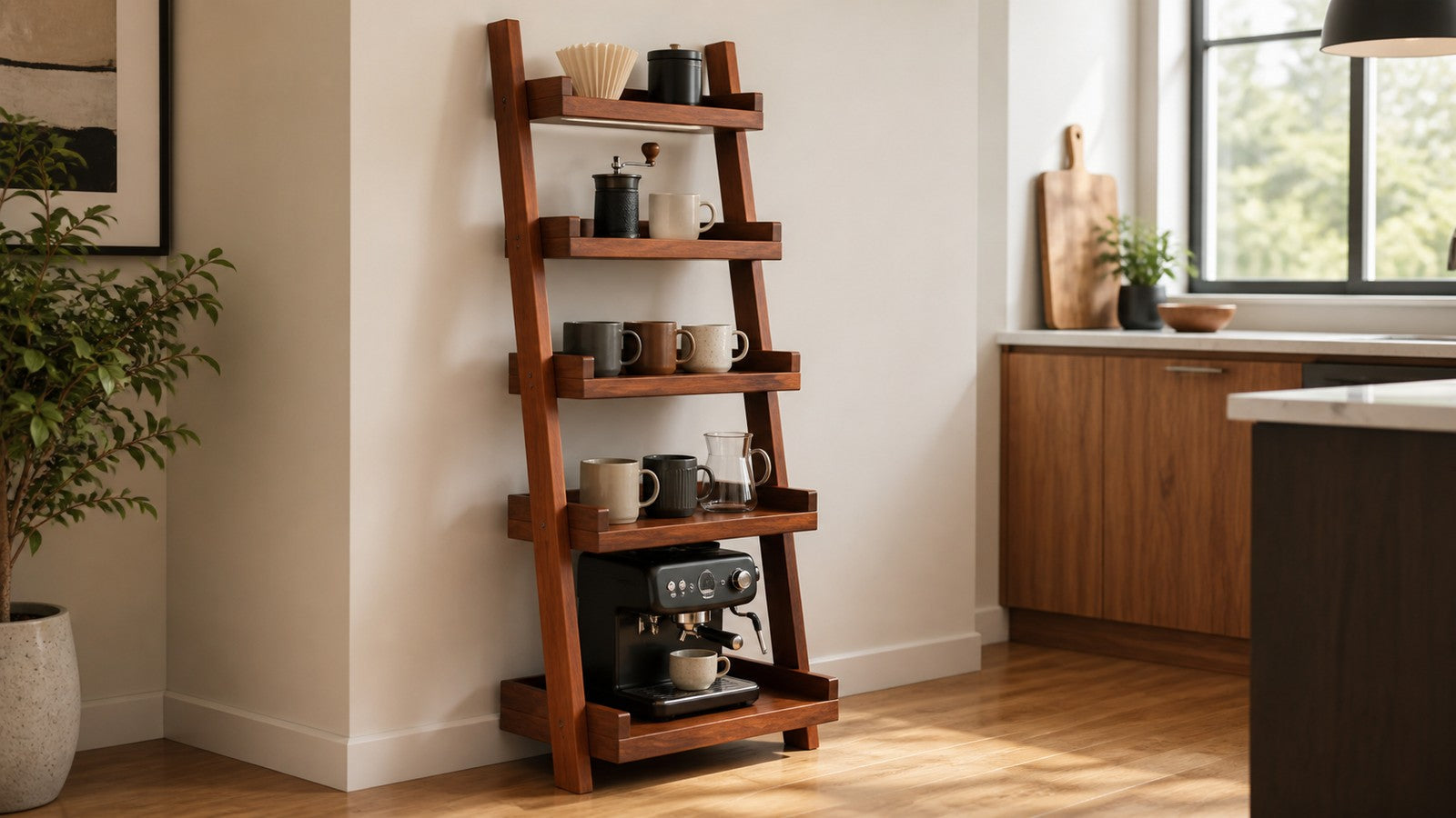 Four-tier and five-tier solid wood ladder coffee bar shelf comparison