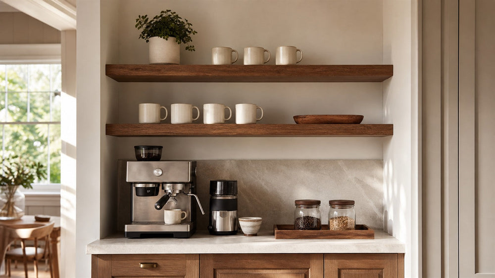 How to Keep Open Coffee Station Shelves From Looking Cluttered
