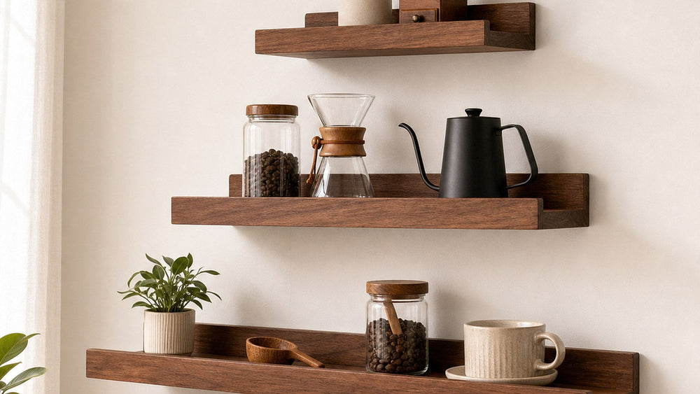 Southeast Asian pine wall shelves in a coffee corner