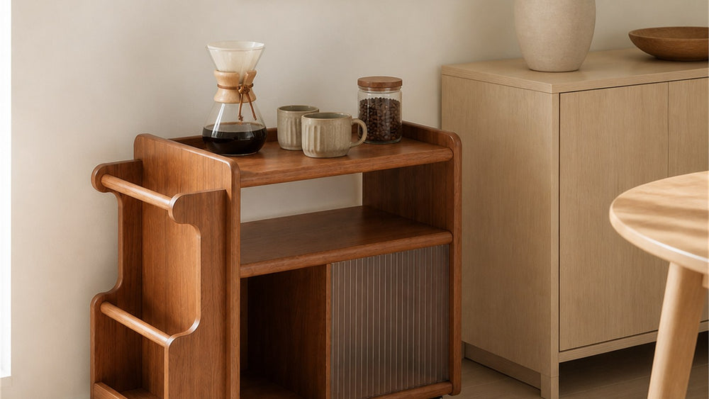 Cherry solid wood rolling coffee cart styled in a bright coffee corner