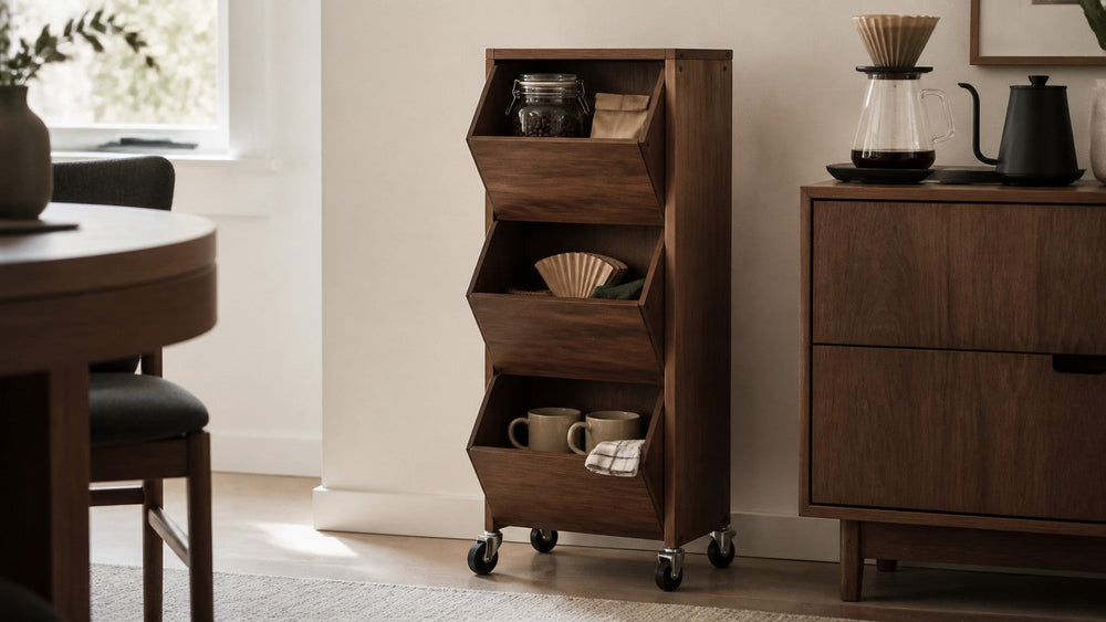 Rolling Coffee Bar Storage Cart Guide: Choose 2, 3 or 4 Tilting Bins