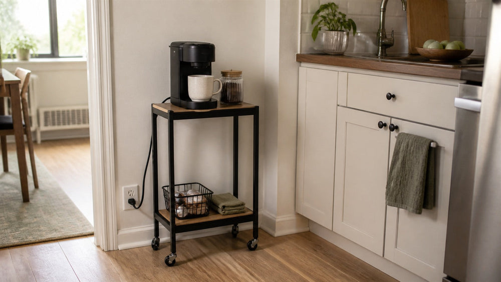 Small rolling coffee cart parked beside a compact apartment kitchen with a pod machine and organized lower shelf