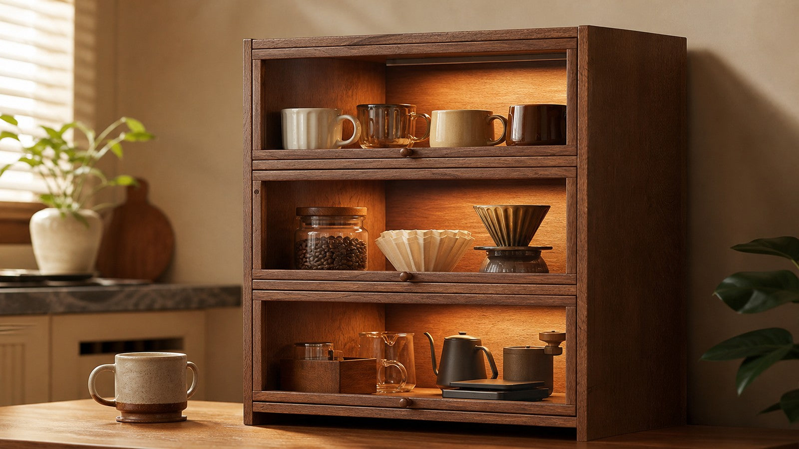 Three-tier solid pine coffee storage cabinet arranged as a warm home coffee bar