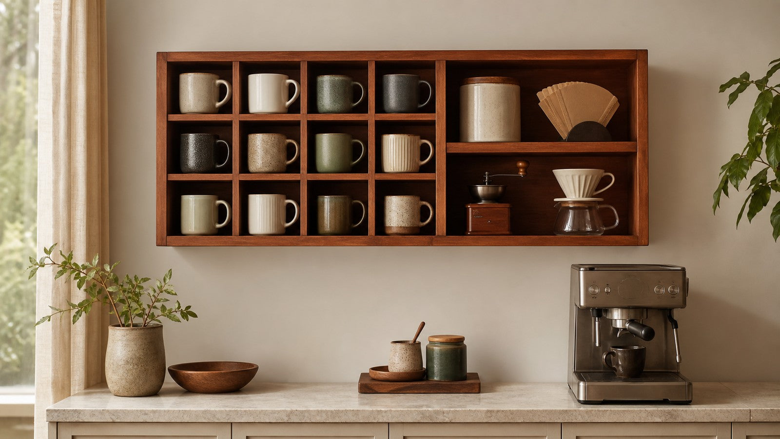 Wall Coffee Organizer Layout: 12 Mug Cubbies and a 48 cm Brewing Bay