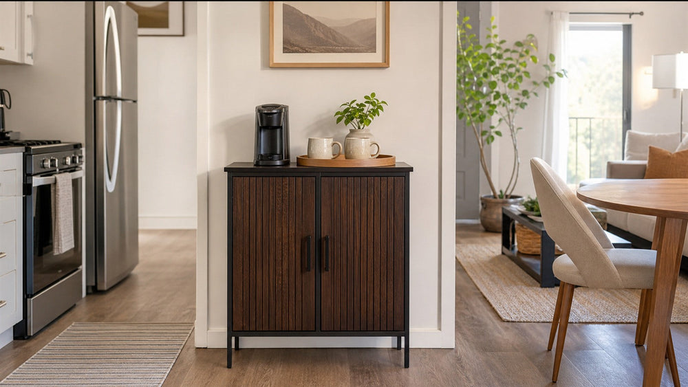 Coffee bar cabinet placed in a compact home