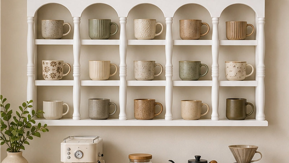 White Coffee Mug Display Ideas: Style an Arched Wall Shelf Without Losing Contrast