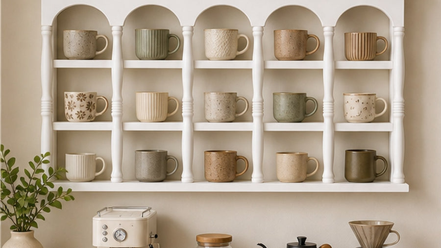 White Coffee Mug Display Ideas: Style an Arched Wall Shelf Without Losing Contrast