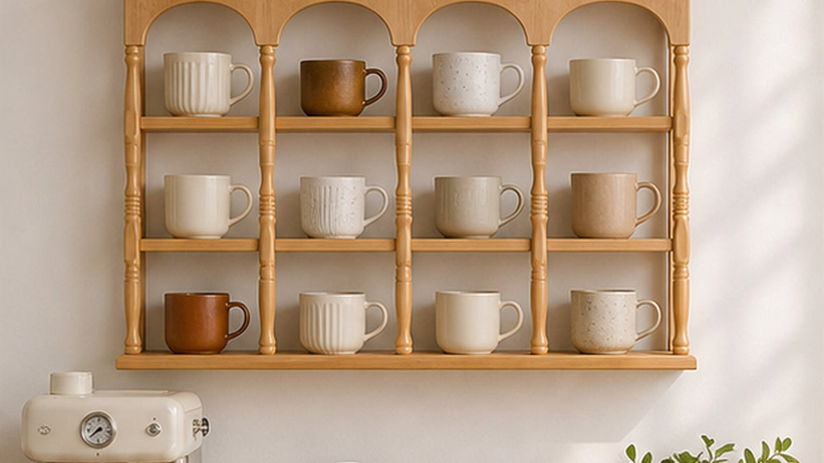 60 cm natural wood wall coffee mug display shelf above a home coffee bar