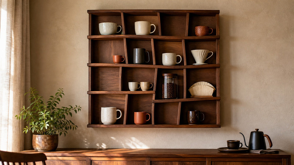 Large square multi-grid wooden coffee mug display in a refined home coffee corner