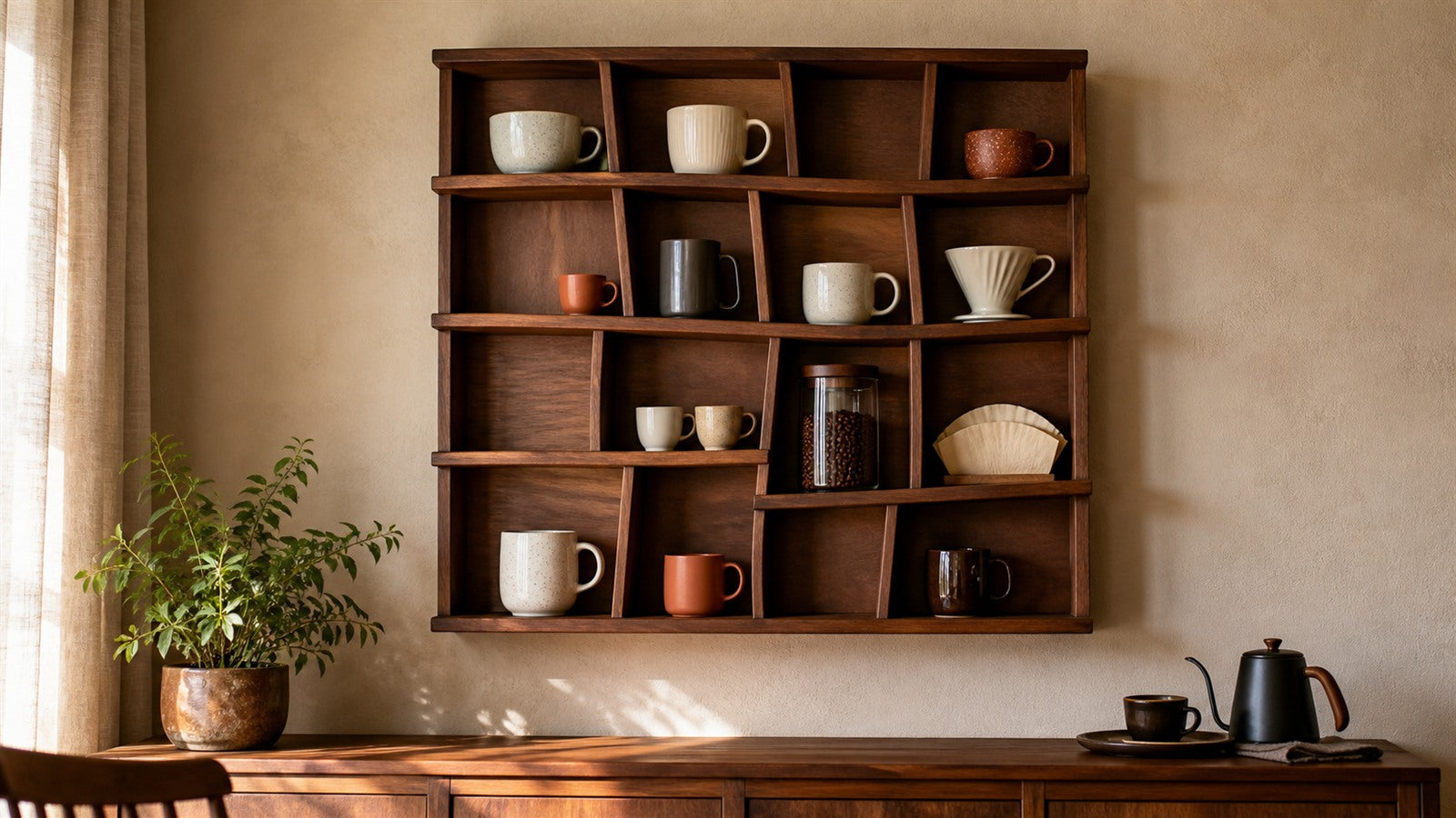 Large square multi-grid wooden coffee mug display in a refined home coffee corner