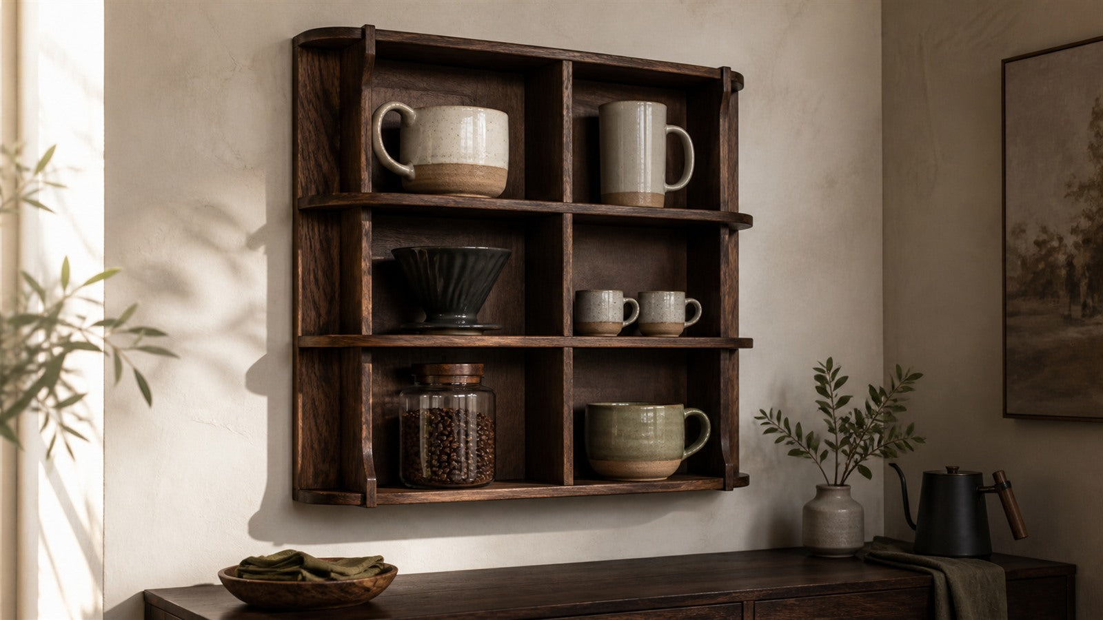 Large-grid wooden coffee mug display with wide-handle handmade mugs in a warm home coffee corner
