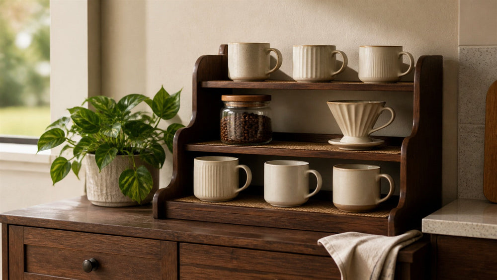 Black walnut three-tier coffee mug organizer in a warm home coffee corner