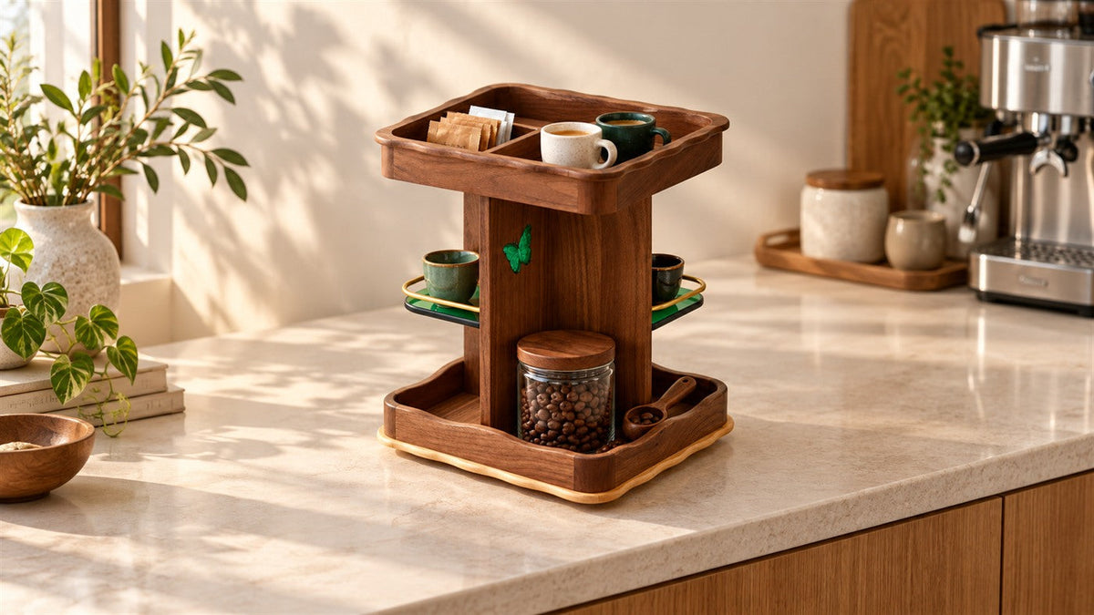 Walnut rotating coffee organizer with clear surrounding counter space, AI-generated scene